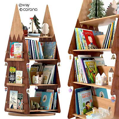 Tree Shaped Wooden Bookshelves With Various Books And Small Decorative Ornaments 3d model