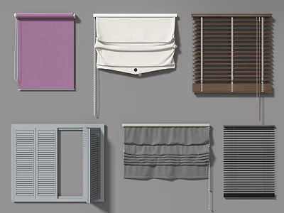 Various Curtain Styles Featuring Roller Roman Venetian Blinds in Purple White Brown Gray 3d model