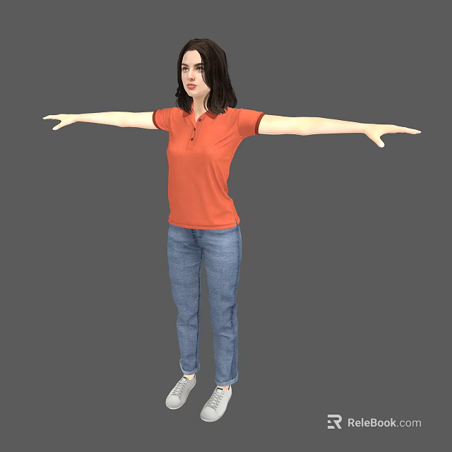 Woman In Orange Polo Shirt Blue Jeans Standing With Arms Outstretched On Gray Background 3d model 