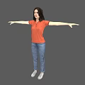 Woman In Orange Polo Shirt Blue Jeans Standing With Arms Outstretched On Gray Background