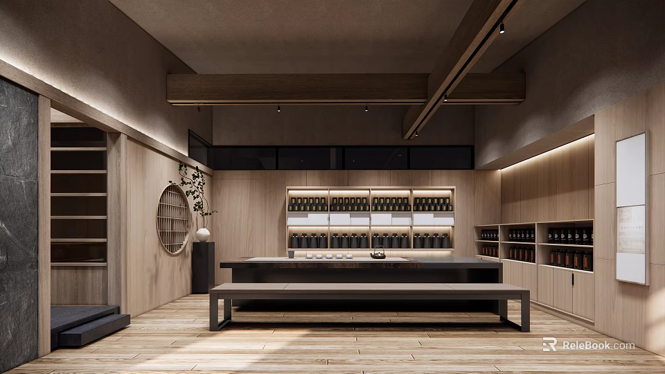 Modern Minimalist Tea House Interior Design With Wooden Long Table And Display Shelves 3d model 