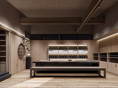 Modern Minimalist Tea House Interior Design With Wooden Long Table And Display Shelves 3d model