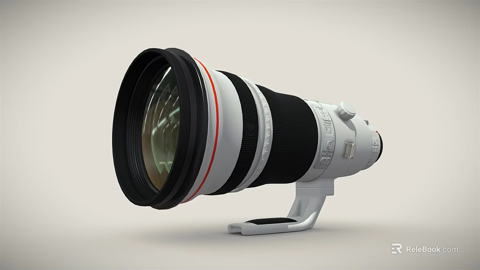 Professional Telephoto Camera Lens With Large Aperture Red Accent And Tripod Mount 3d model 