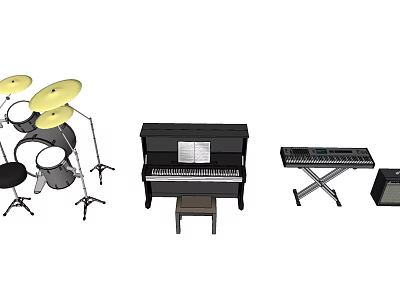 Assorted Musical Instruments and Art Supplies with Drum Set Piano Keyboard and Paintbrushes 3d model