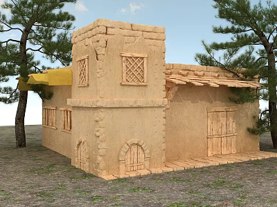 Traditional Adobe Building With Tower Windows Wooden Doors And Pine Trees 3d model