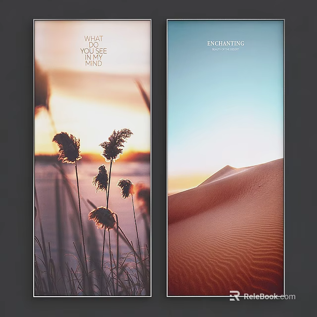 Photo Frames Showing Sunset Reeds Over Water And Desert Landscape With Sky 3d model 