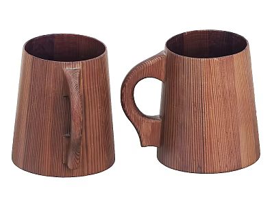Two Handcrafted Wooden Mugs With Natural Wood Grain And Smooth Handles 3d model