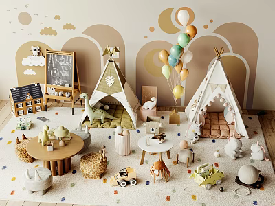 Kids Playroom With Teepees Colorful Balloons Chalkboard Toys And Stuffed Animals 3d model