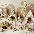 Kids Playroom With Teepees Colorful Balloons Chalkboard Toys And Stuffed Animals