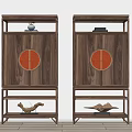 Chinese Style Wooden Entryway Side Cabinet with Circular Red Panels Decorative Top and Bottom Shelf