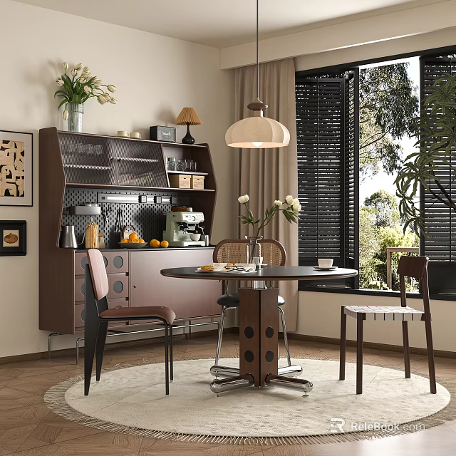 Modern Restaurant Interior With Round Dining Table Chairs Hanging Lamp And Green Plant View 3d model 
