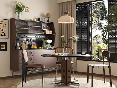 Modern Restaurant Interior With Round Dining Table Chairs Hanging Lamp And Green Plant View 3d model