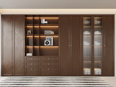 Modern Wooden Bookcase with Glass Doors Lighting Drawers and Open Shelves for Books Decorations 3d model