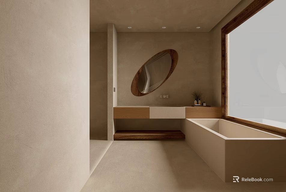 Modern Bathroom Interior Design With Beige Walls Round Mirror Vanity Bathtub And Wooden Elements 3d model 