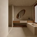 Modern Bathroom Interior Design With Beige Walls Round Mirror Vanity Bathtub And Wooden Elements