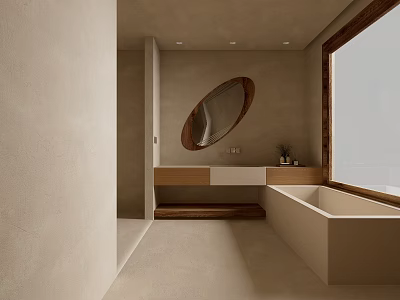 Modern Bathroom Interior Design With Beige Walls Round Mirror Vanity Bathtub And Wooden Elements 3d model