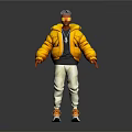Game and Movie Character With Yellow Puffy Jacket White Pants Orange Shoes Red Hands Sunglasses