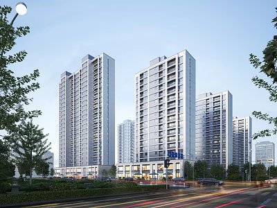 Modern Commercial Street With Contemporary Buildings Retail Shops And Pedestrian Walkways 3d model