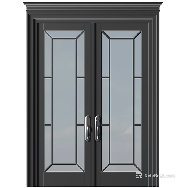 Black Double Front Door Design With Glass Panels And Metal Handles 3d model 