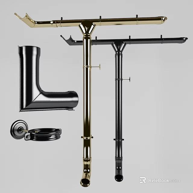 High Quality Black And Gold Plumbing Pipes With L Shaped Elbows And Mounting Brackets 3d model 