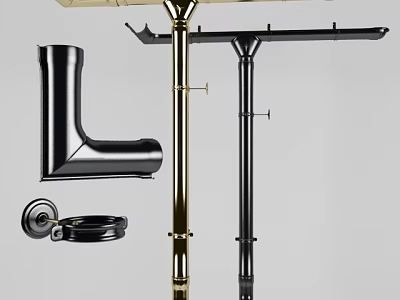 High Quality Black And Gold Plumbing Pipes With L Shaped Elbows And Mounting Brackets 3d model
