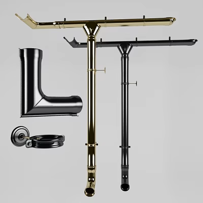 High Quality Black And Gold Plumbing Pipes With L Shaped Elbows And Mounting Brackets 3d model