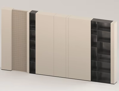 Modern Wall Unit Design With Beige Panels Black Shelves And Perforated Section 3d model