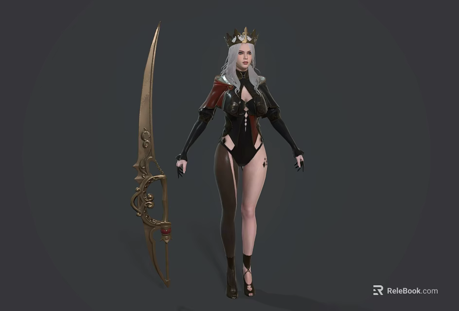 Game and Movie Character with Silver Hair Crown Black Red Outfit and Large Weapon 3d model 
