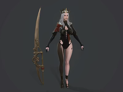 Game and Movie Character with Silver Hair Crown Black Red Outfit and Large Weapon 3d model
