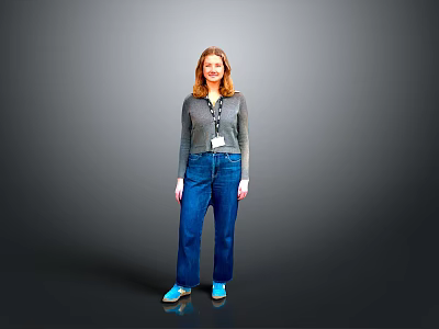 Woman Standing Against Gray Background Wearing Gray Long Sleeve Top Blue Jeans And Blue Shoes 3d model
