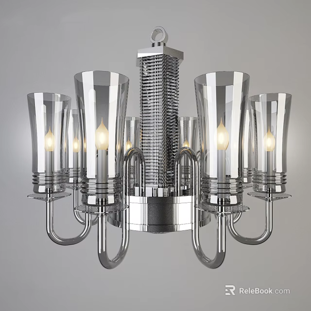 Modern Chandelier With Transparent Glass Shades Metal Frame And Illuminated Light Bulbs 3d model 