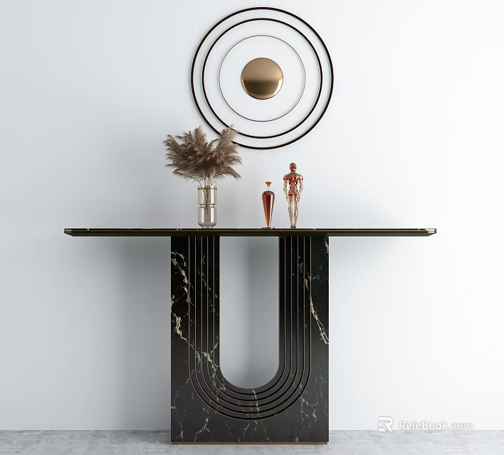 Elegant Modern Console Table With U Shaped Marble Base Feather Vase And Circular Mirror 3d model