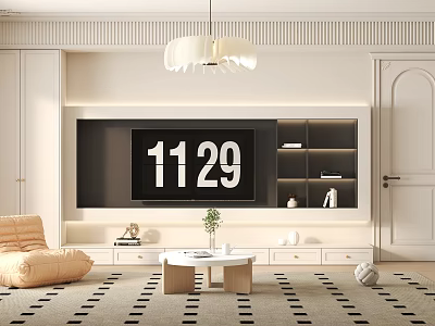 Modern TV Wall Interior Design With Built in TV Storage Shelves And Decorative Items 3d model