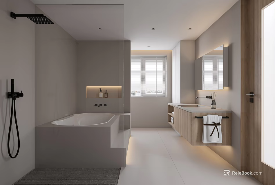 Modern Bathroom Interior Design With White Bathtub Wooden Vanity Recessed Lighting And Large Mirror 3d model 