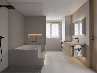 Modern Bathroom Interior Design With White Bathtub Wooden Vanity Recessed Lighting And Large Mirror 3d model