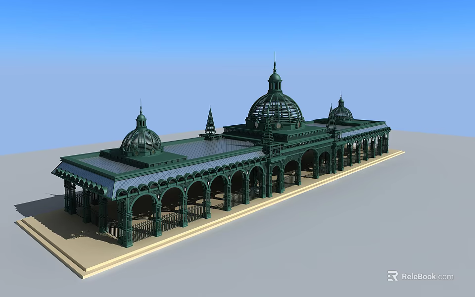 Historic Building Structure With Green Roof Multiple Domes And Arch Arcades 3d model 