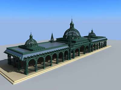 Historic Building Structure With Green Roof Multiple Domes And Arch Arcades 3d model