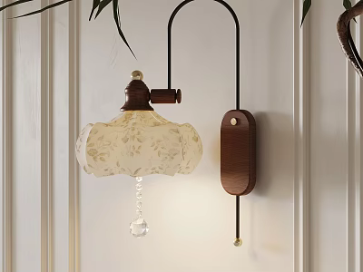 Vintage Wall Lamp With Glass Shade Wooden Base And Crystal Pendant Decor 3d model