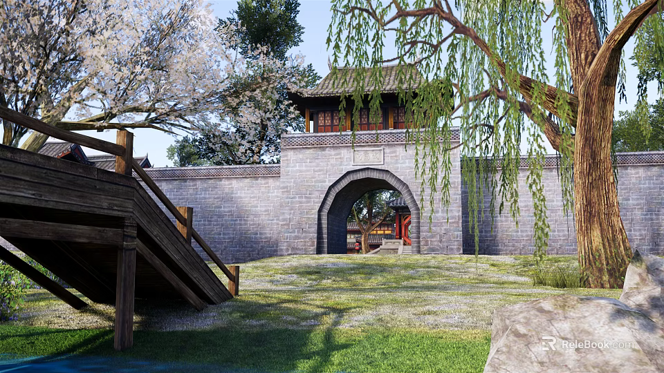 Ancient City Gate Architecture With Gray Brick Wall Wooden Bridge Weeping Willow And Green Grass 3d model 