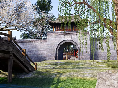 Ancient City Gate Architecture With Gray Brick Wall Wooden Bridge Weeping Willow And Green Grass 3d model