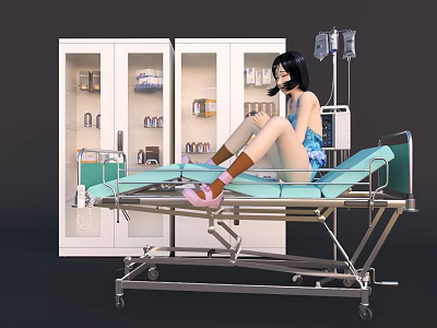 Woman Sitting On Hospital Bed With Medical Cabinet And IV Stand 3d model