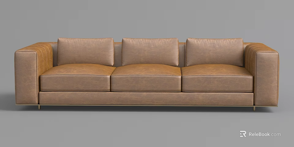 Modern Brown Leather Three Seater Sofa With Comfortable Cushioned Design 3d model