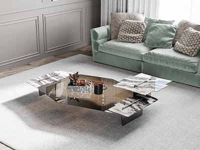 Modern Glass Top Coffee Table With Metal Frame Magazines And Coffee Cup In Living Room 3d model