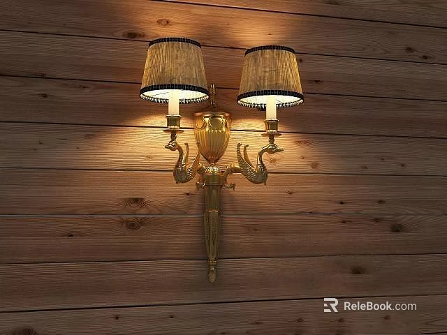 Vintage Style Double Fabric Lampshades Wall Lamp On Golden Brass Base Wooden Plank Wall 3d model 