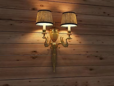 Vintage Style Double Fabric Lampshades Wall Lamp On Golden Brass Base Wooden Plank Wall 3d model