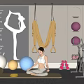 Sports Equipment Setup With Yoga Hammock Colored Exercise Balls Yoga Mat And Stationary Bike