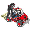 Red Mechanical Building Blocks Forklift Model With Black Frame And Yellow Pallet 3d model