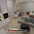 Modern Apartment Interior With Open Layout Sofa TV Bed And Kitchen Cabinets