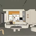 Modern Luxury Open Living and Dining Room with Beige Sofa Round Coffee Table Kitchen Island