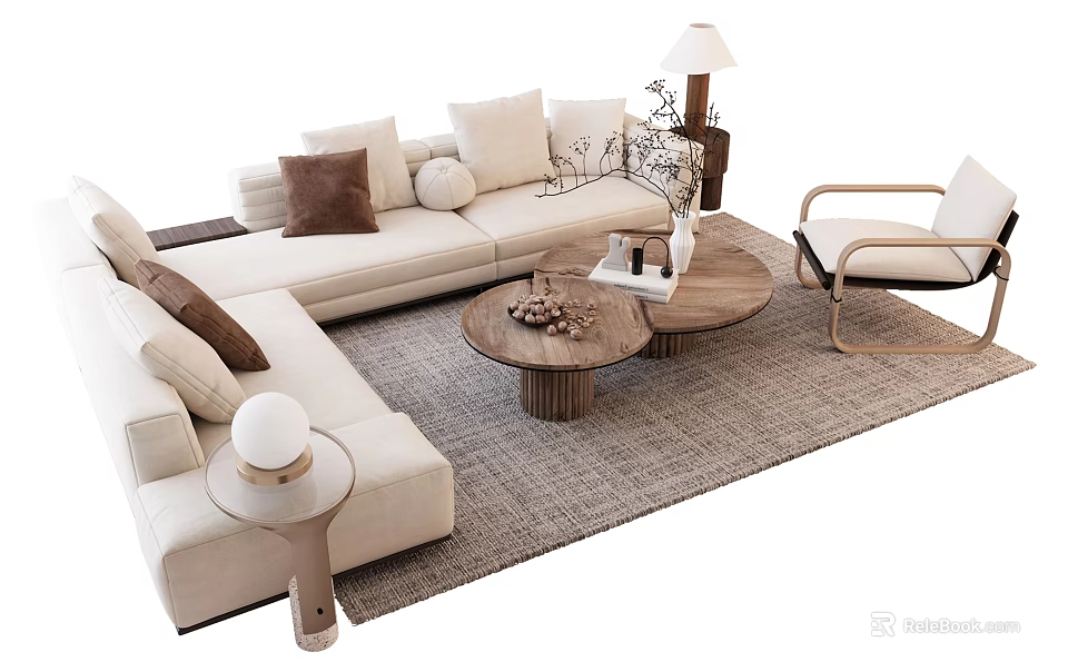Light L Shaped Sofa Coffee Table Set With Throw Pillows Round Wooden Base Accent Chair 3d model 